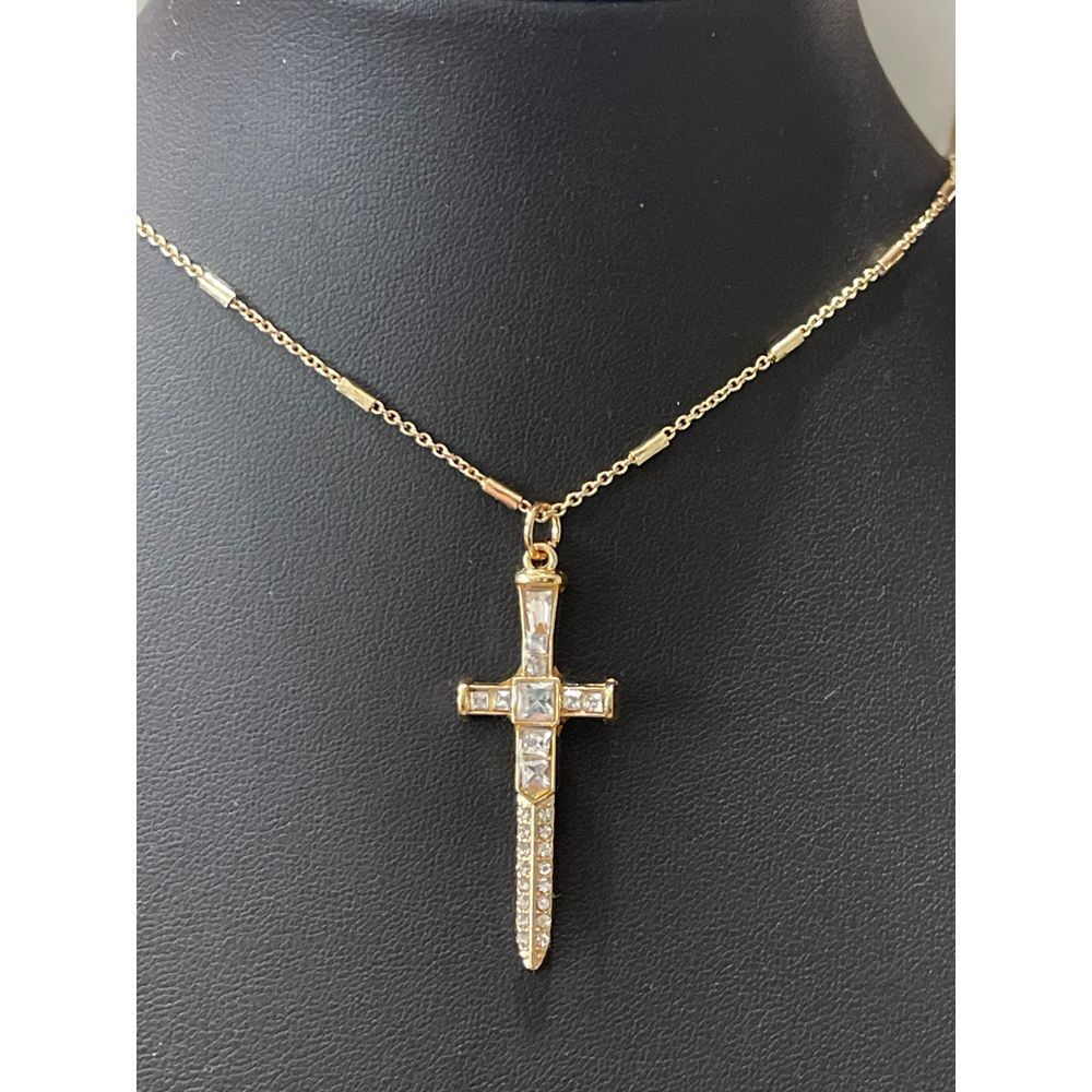 Gold Tone Rhinestones Sword Cross Pendant Necklace New - Picture 7 of 8